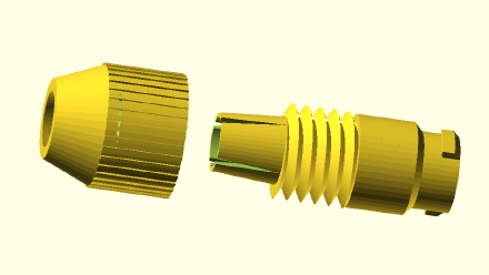 OpenSCAD screenshot of a 3D render, showing two pieces which, when screwed together, hold a gel pen refill and can be attached to a 7045A plotter in place of the HP pen.