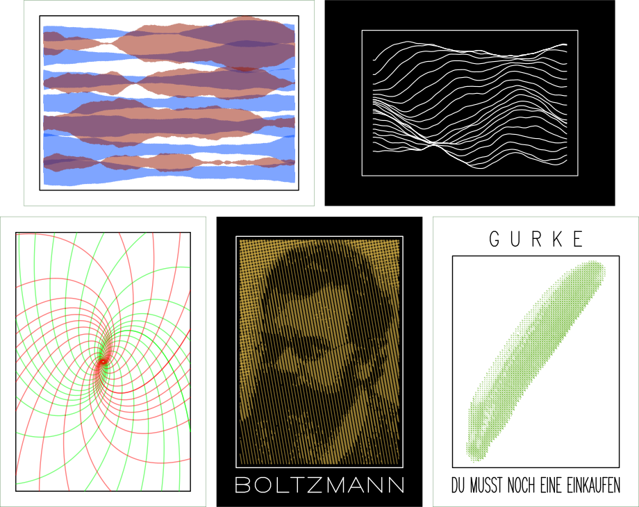 Several plot renderings (as produced by the software simulating the plotter), showing different approaches: Semi-transparent lines filling a larger area with multiple overlaid colours, a classic landscape profile based on Perlin noise, trajectories of differential equations, and reproduction of images through cross-hatching.
