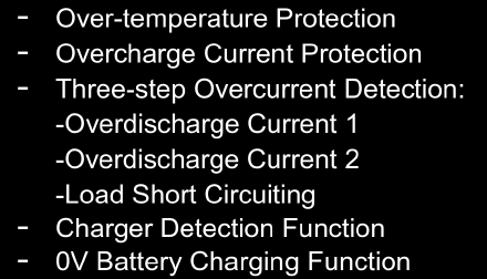 Excerpt from the feature list of the XB5358D0’s data sheet. It lists: Over-temperature Protection, Overcharge Current Protection, Three-step Overcurrent Detection: Overdischarge Current 1, Overdischarge Current 2, Load Short Circuiting