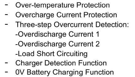 Excerpt from the feature list of the XB5358D0’s data sheet. It lists: Over-temperature Protection, Overcharge Current Protection, Three-step Overcurrent Detection: Overdischarge Current 1, Overdischarge Current 2, Load Short Circuiting